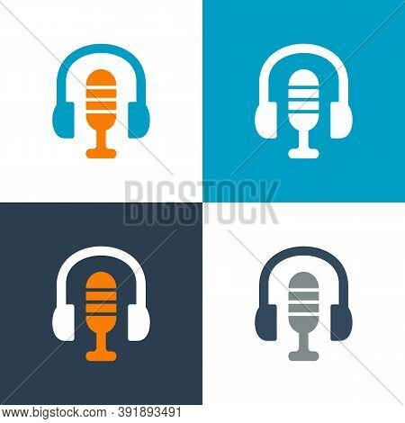 Microphone And Headphone Icon, Podcast Or Radio Logo Template - Vector