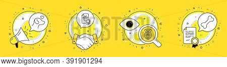 Dog Certificate, Pets Care And Dog Competition Line Icons Set. Megaphone, Licence And Deal Vector Ic