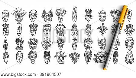 Masks Doodle Set. Collection Of Pencil Pen Ink Hand Drawn Sketches Templates Patterns Of Ancient Tri