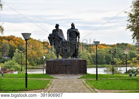 Staraya Ladoga, Russia - October 6, 2020: Monument To The Two Princes Rurik And Prophetic Oleg, Foun