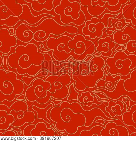 Abstract Seamless Pattern Of Golden Clouds On A Red Background. Chinese Traditional Ornament. Vintag
