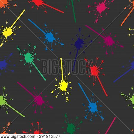 Seamless Pattern. Sparklers Of Different Colors On A Gray Background. Doodle Style. Vector. Decor El