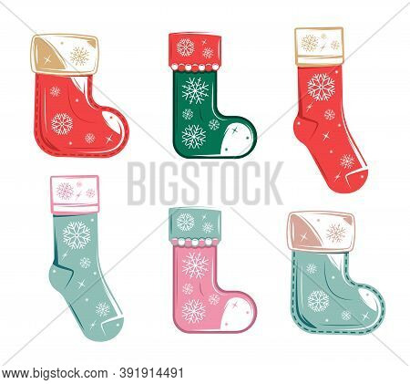 Christmas Socks Collection Isolated On White Background. Christmas Concept. Design Elements For Chri