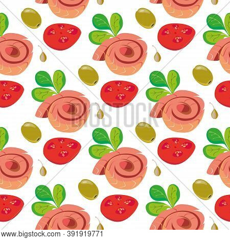 Vector Pattern With Red Fish (salmon), Corn Salad, Tomatoes, Olives And Capers. Background.