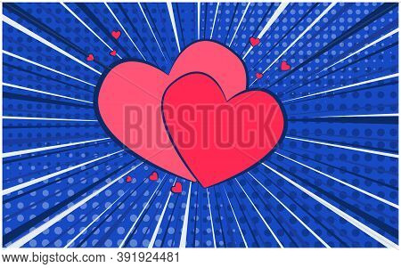 Deep Blue And Red Retro Comic Speech Bubble With Two Hearts. Couple Of Pink Heart Shapes Balloons Wi