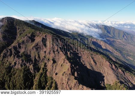 Aerial Volcanic Landscape Formed By The Crater Of A Volcano In Guimar, Tenerife, Canary Islands. Hig