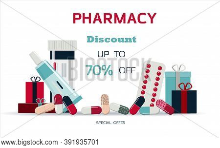 Medical Poster With Medicines, Test Tubes And A Thermometer. Advertising Online Pharmacies Or Remote