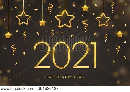 Happy New 2021 Year. Golden Metallic Numbers 2021 With Shimmering Hanging Golden Stars On Dark Backg