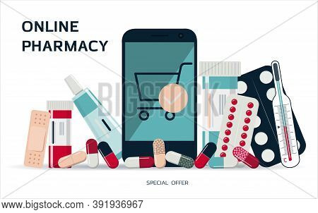 Medical Poster With Medicines, Test Tubes And A Thermometer. Advertising Online Pharmacies Or Remote