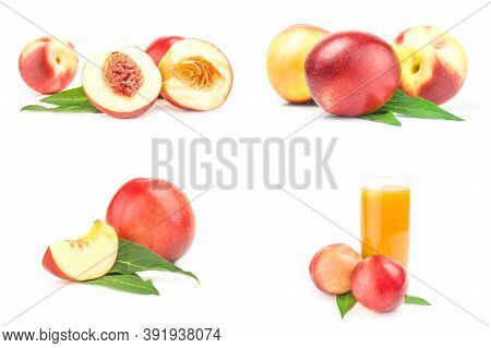 Set Of Beautiful Ripe Peaches Isolated Over A White Background