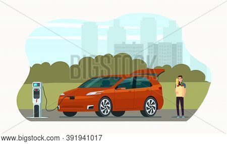 Young Man Carry Grocery Bags In Modern Electric Cuv Car. Vector Flat Illustration.