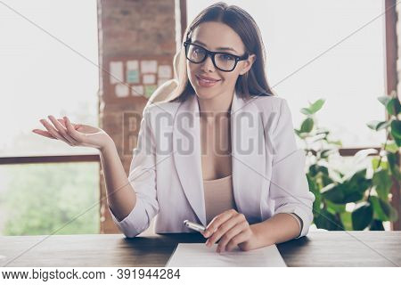 Coseup Photo Of Attractive Young Business Lady Look Web Camera Screen Table Remote Work Coach Conver