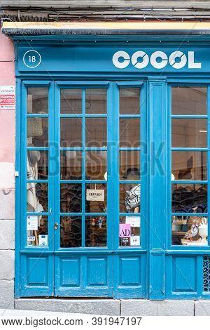 Madrid, Spain - 4th October, 2020: Blue Painted Store Window Of A Fashion Accessories Store In Latin