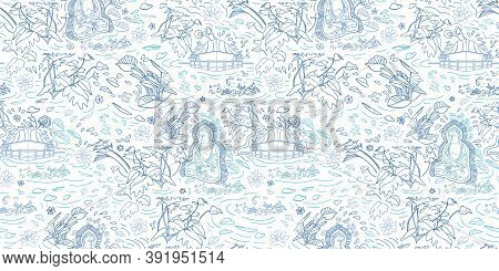 Wellbeing Meditation Buddha Pattern. Lifestyle. Exotic Jungle Lagoon Landscape Seamless Modern Desig