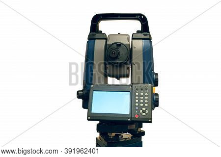 Total Station Isolated On White Background. Electronic Total Station - Modern Geodetic Instrument Fo