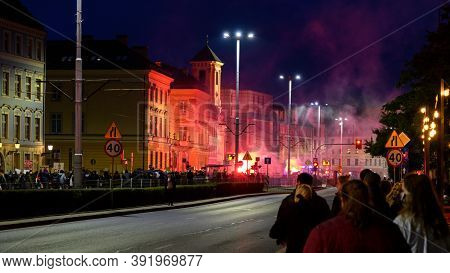 Wroclaw, Poland - 26th October 2020: Protesters At Night Marching Around City Market Protests After 