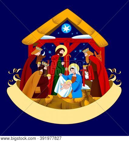 Christmas reeting card with a scene of the Nativity of Christ and Adoration of the Magi and retro ribbon banner isolated on dark blue background