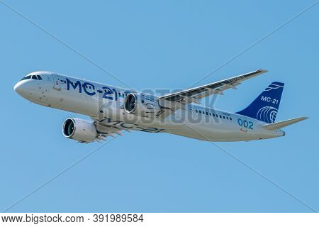 August 30, 2019. Zhukovsky, Russia. Promising Russian Medium-range Narrow-body Passenger Aircraft Ir