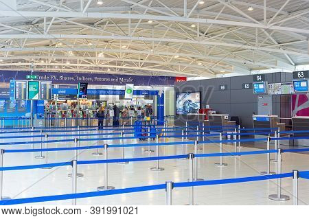 Larnaca, Cyprus - February 21, 2019: Check-in Desks  In Terminal Of Larnaca International Airport, M