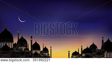 Mosque Silhouette With Blue, Pink And Orange Sky Sunset In Evening, Peacful View Of Isamic Mosque At