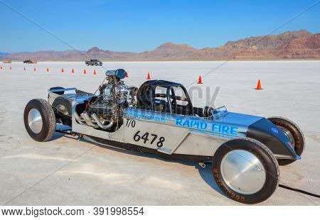 WENDOVER, UT - AUGUST 9: High speed car on the Bonneville Salt Flats during Bonneville Speed Week on August 9, 2012 near Wendover, UT.