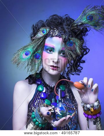 Woman in peacock image.
