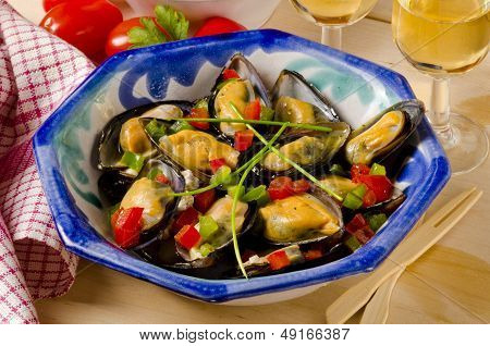 Spanish Cuisine. Mussels In Sauce. Mejillones A La Marinera.