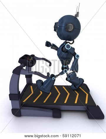 3D render of an Andriod at the gym running on a treadmill