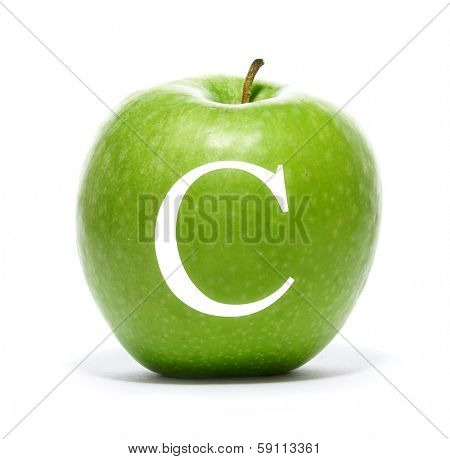Green, fresh and tasty apple with the vitamin C symbol isolated on white