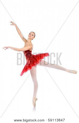 Professional bellet dancer posing at studio. Isolated over white background. 