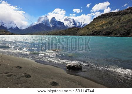 Sandy Beach Lake Pehoe in the national park Torres del Paine, Chile. Majestic rocks Los Kuernos. The beach is trampled by big traces