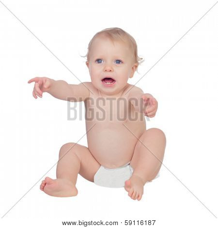 Adorable blond baby in diaper crying sitting on the floor isolated on a white background