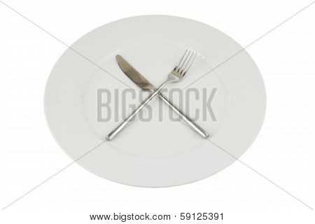 Plate With Knife And Fork On White