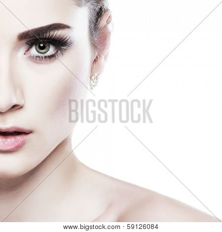 Closeup portrait of sexy whiteheaded young woman, emotions, cosmetics, isolated on a white background
