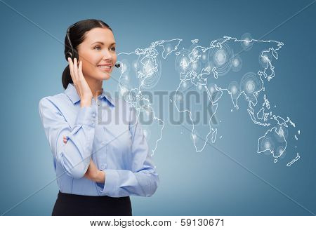 business and office concept - friendly female helpline operator with headphones