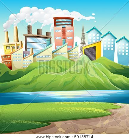 Illustration of the green mountains near the river and the buildings