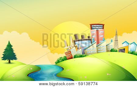 Illustration of a flowing river beside the factories