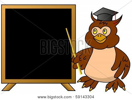 Wise owl teacher with blackboard