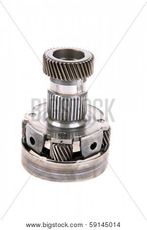 Genuine Used Car Transmission Gears, Chains, Cogs, Teeth, Splines, Worm Gears, Bearings, Nuts and Bolts all made of real Steel. Isolated on white with room for your text.