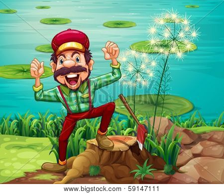 Illustration of a happy lumberjack stepping on a stump at the riverbank