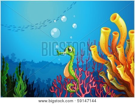 Illustration of a seahorse near the coral reefs