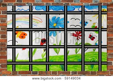Prison's Window With Bars And Children's Drawing