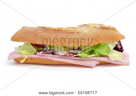 a sandwich with ham and vegetables on a white background