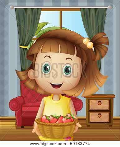 Illustration of a girl inside the house holding a basket of strawberries