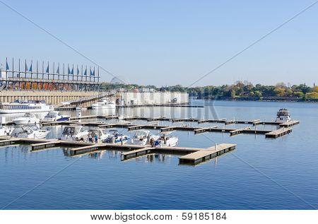 MONTREAL, CANADA, OCTOBER 12, 2013 - Jaques Cartier Bassin in Old Port with boats