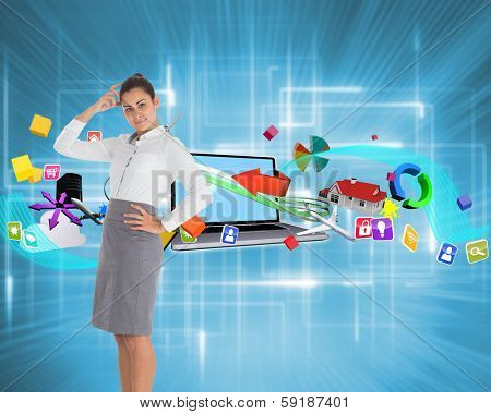 Smiling thoughtful businesswoman against multiple geometric lights