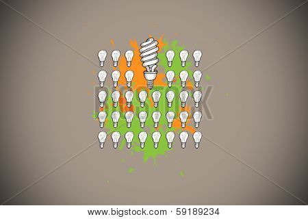Lgiht bulbs on paint splashes against grey background with vignette