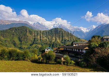 Ghandruk village and the Annapurna South and the Hiunchuli in the background, Nepal