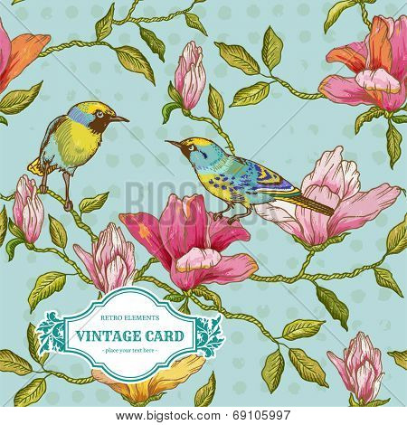 Vintage Card - Flowers and  Birds - for design and scrapbook in vector