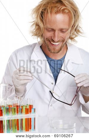 Crazy scientist working with tubes isolated on white